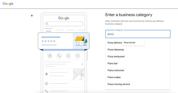 Google Business page showing how to choose a Business category