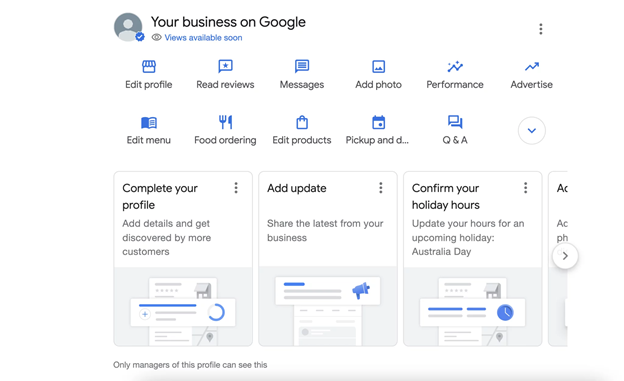 Image of the Google Business main page with the information about the business profile