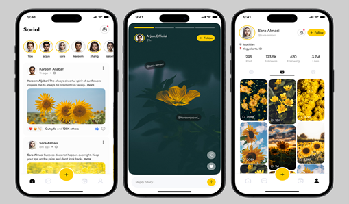 Three phone screens showing an interface with images of lots of yellow flowers