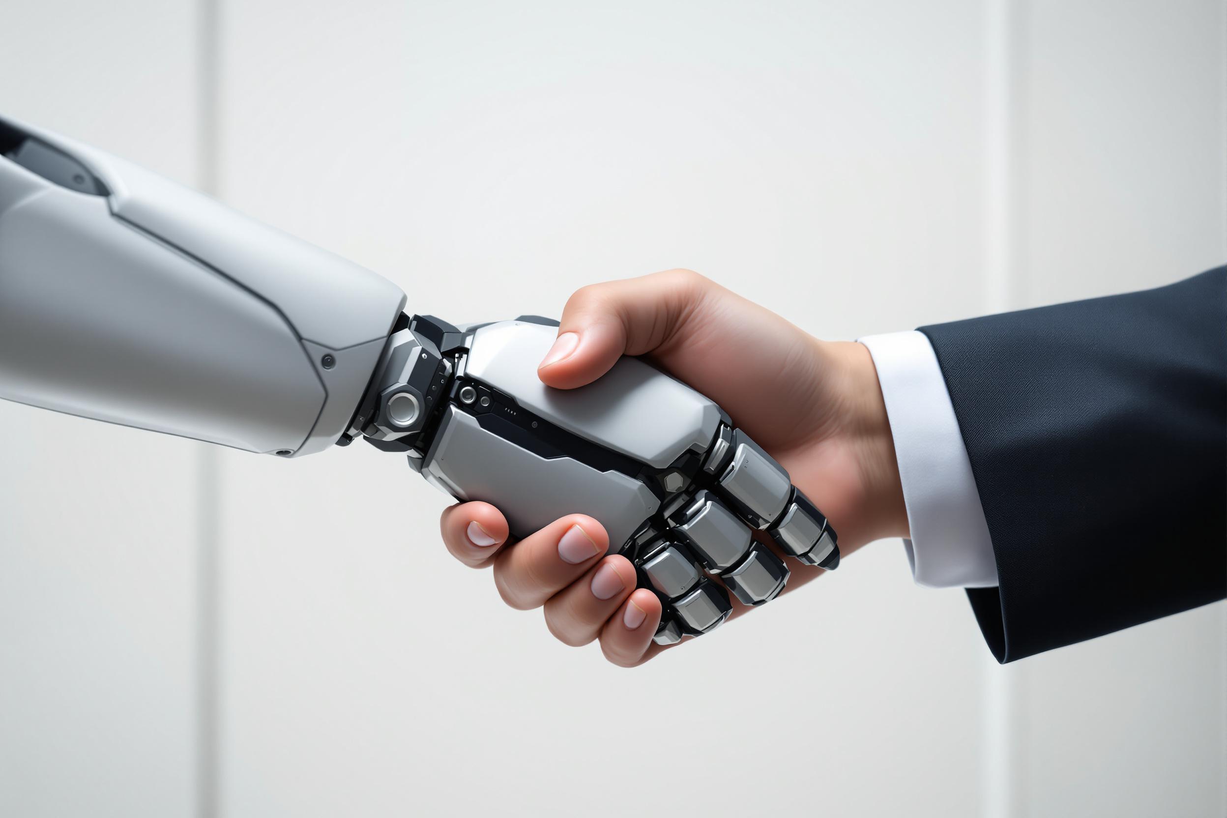 AI powered robot shakes human businessman hand