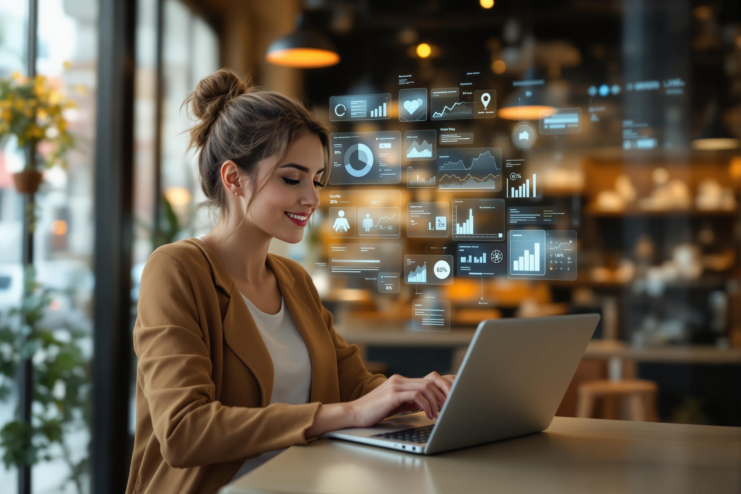 Woman creating AI marketing campaign on a laptop