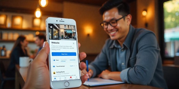 Showing a man looking at a business page of a business with a website on Google Maps