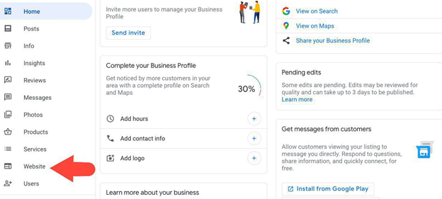 Image showing the website section in Google Business Manager interface